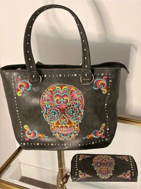 Black Embroidered Sugar Skull Tote with Stud Accents